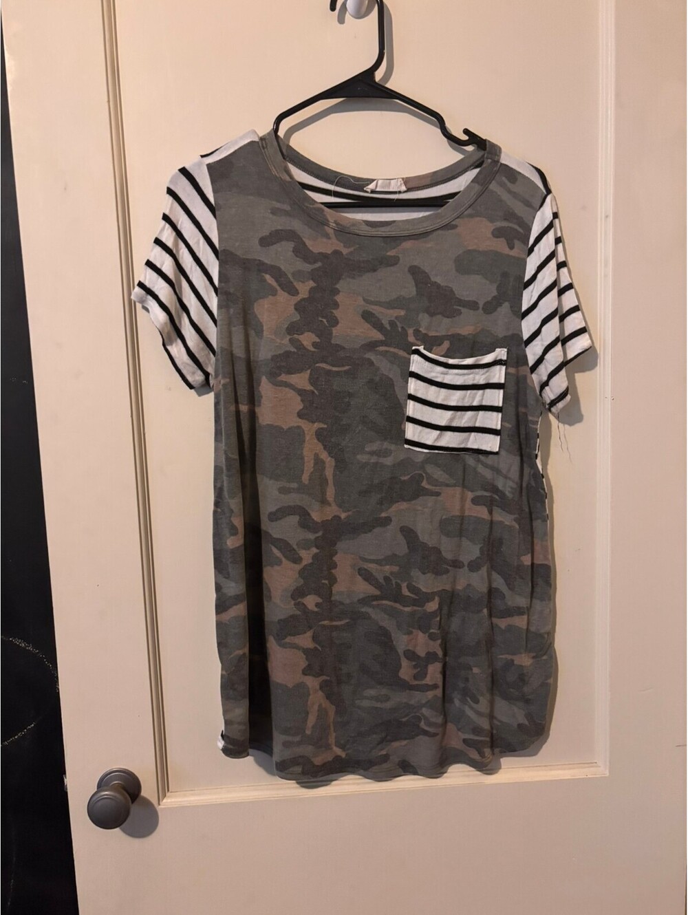 Adora Women's Short Sleeve Camouflage and Striped T-Shirt with Pocket